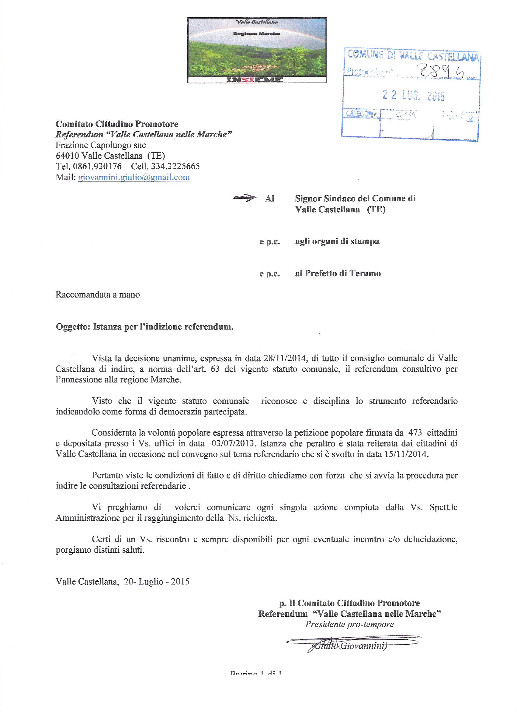 REFERENDUM Richiesta Istanza Induzione al Sindaco di Valle Castellana Del 22-07-2015
